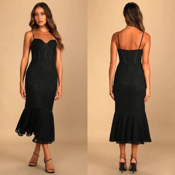 Lulus Found Your Love Black Lace Sleeveless Trumpet Midi Dress M NWT - Picture 1 of 9